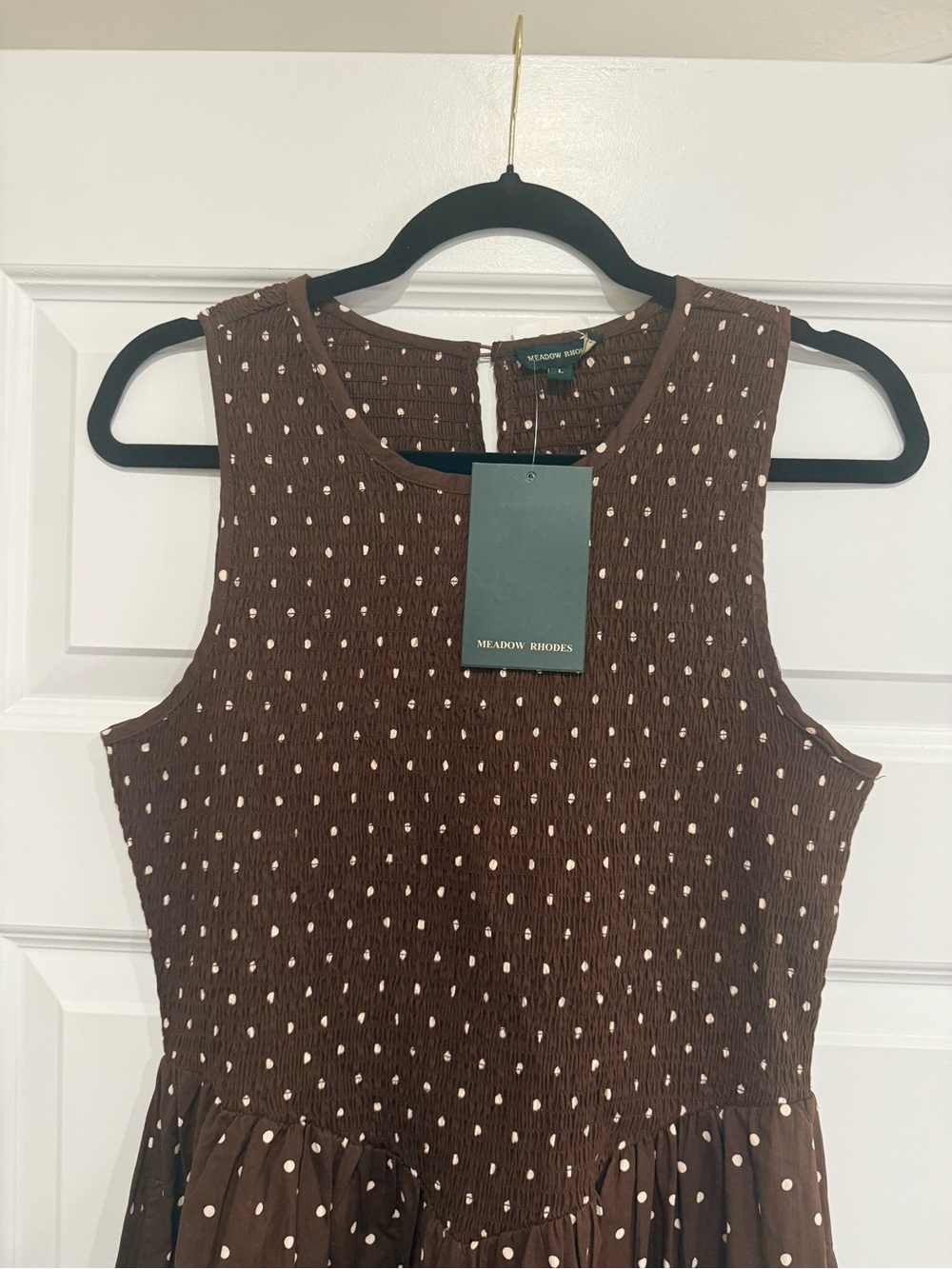 Anthropologie Medow Rhodes Brown Polka Dot Sleeveless Midi Dress - Picture 3 of 5